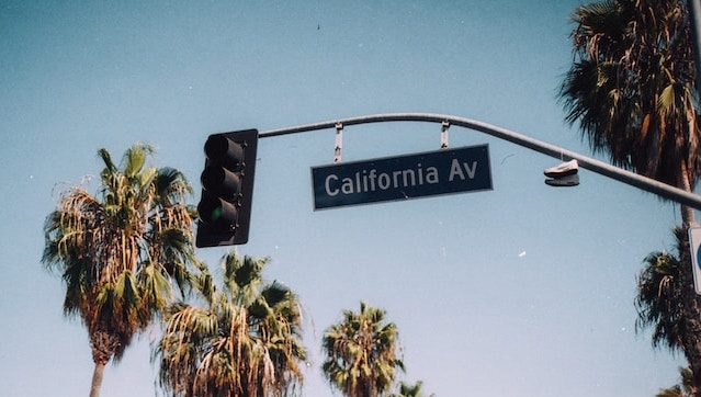 señal de la avenida california en un semáforo con palmeras