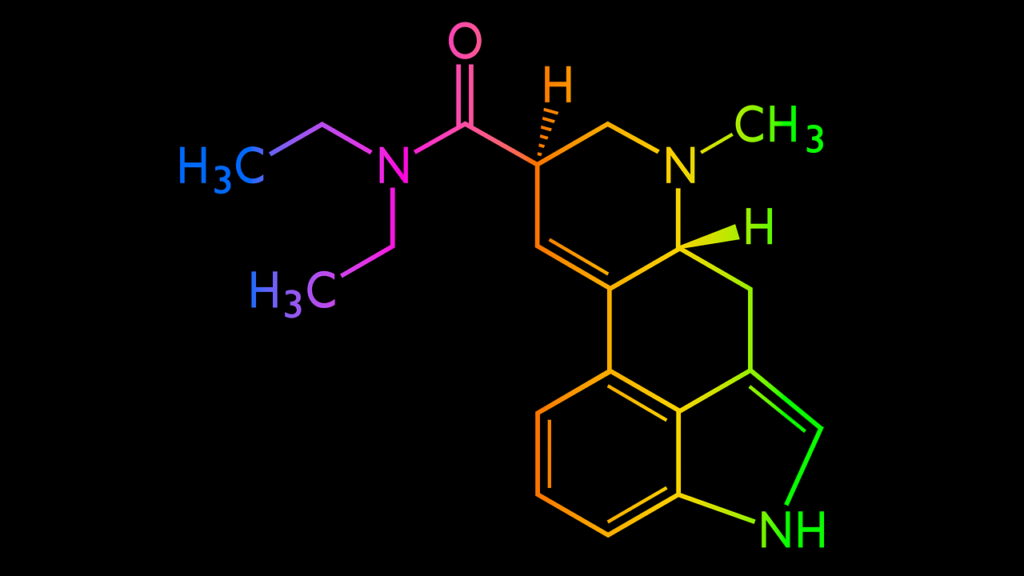 LSD:n kemiallinen symboli mustalla taustalla