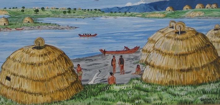 painting of Chumash society with woven huts and boats
