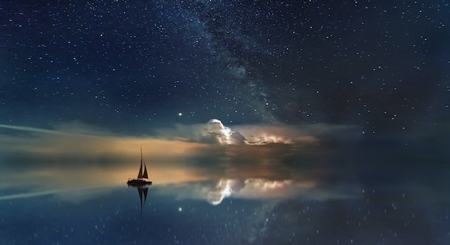 boat on reflected starry sky space dream scape