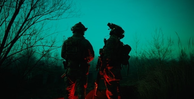 two soldiers in the dark with green sky